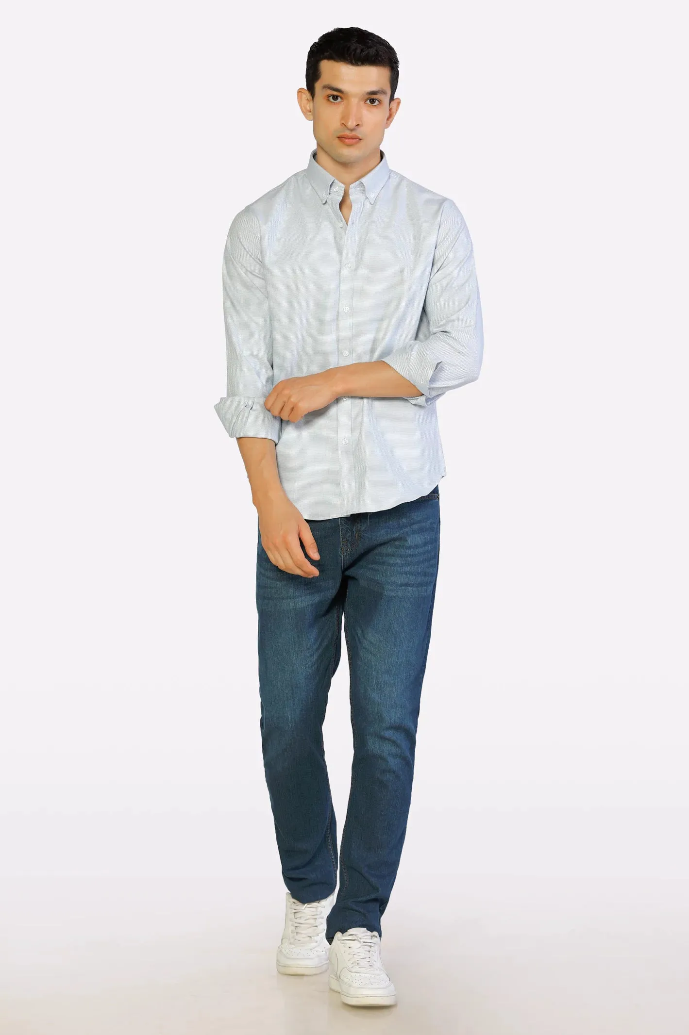 Blue Pinpoint Textured Casual Shirt