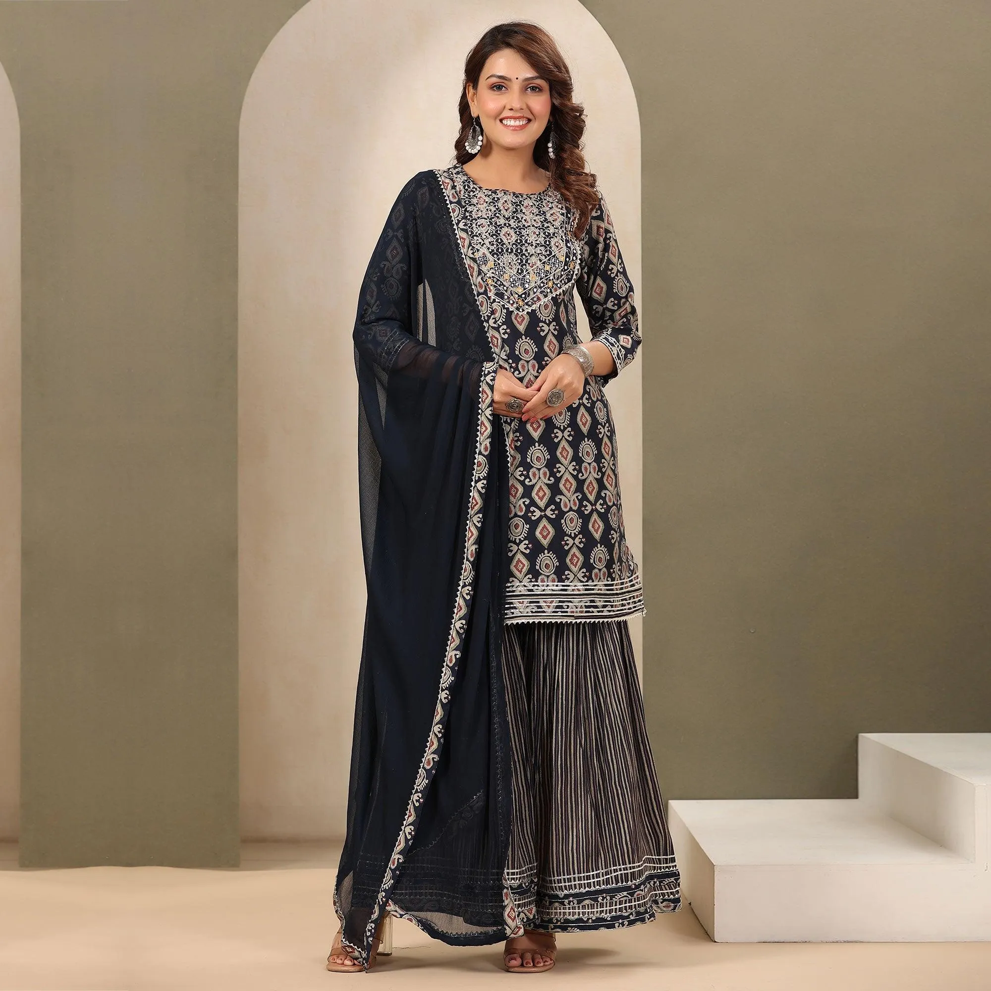 Blue Printed With Gota Work Muslin Sharara Suit