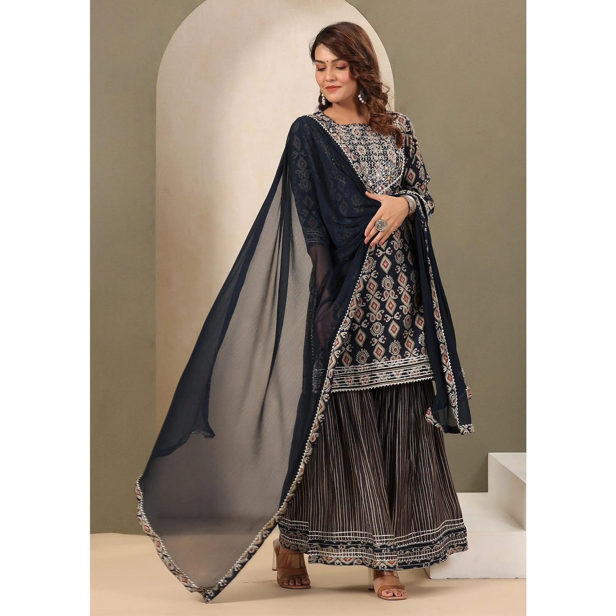 Blue Printed With Gota Work Muslin Sharara Suit