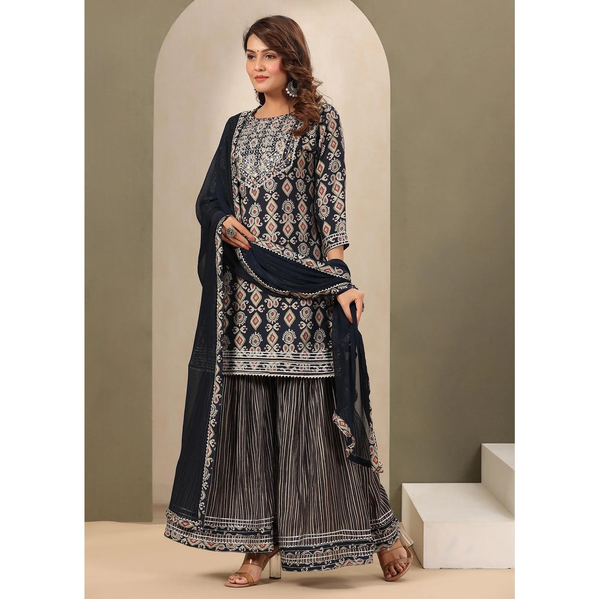Blue Printed With Gota Work Muslin Sharara Suit