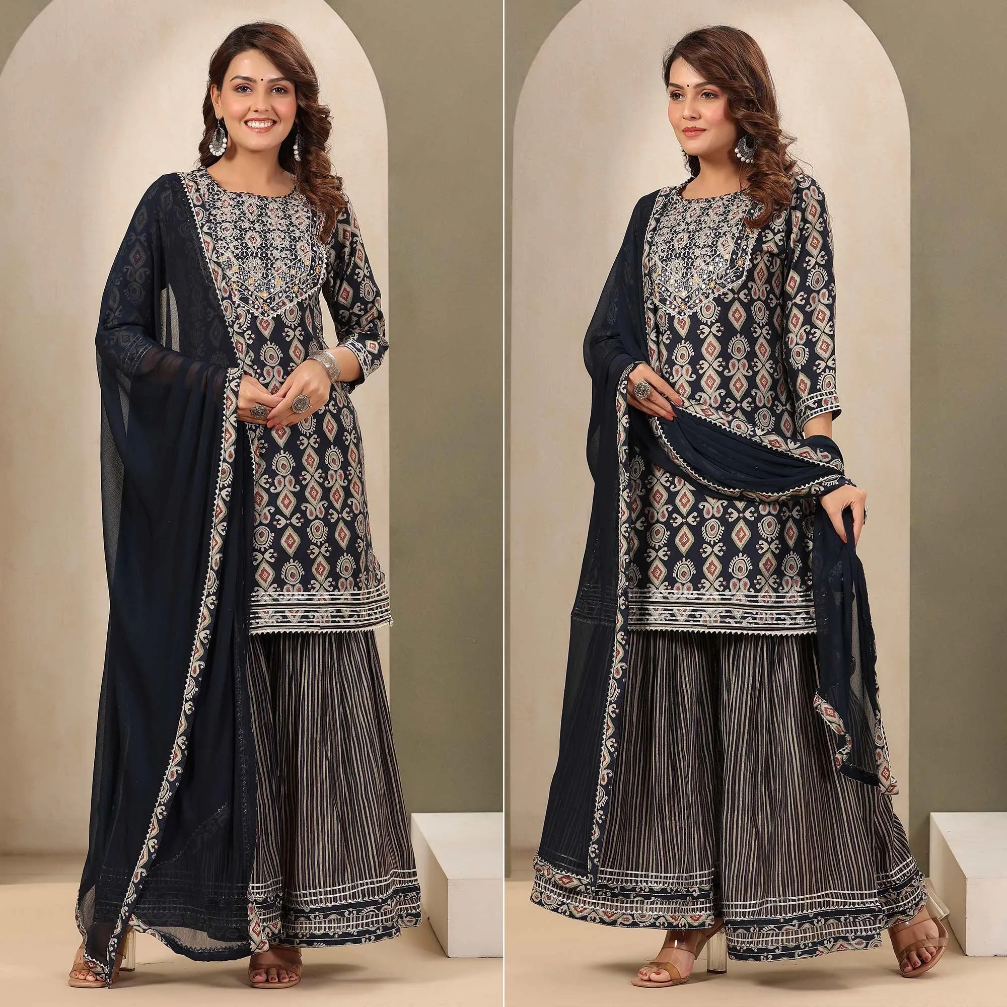 Blue Printed With Gota Work Muslin Sharara Suit