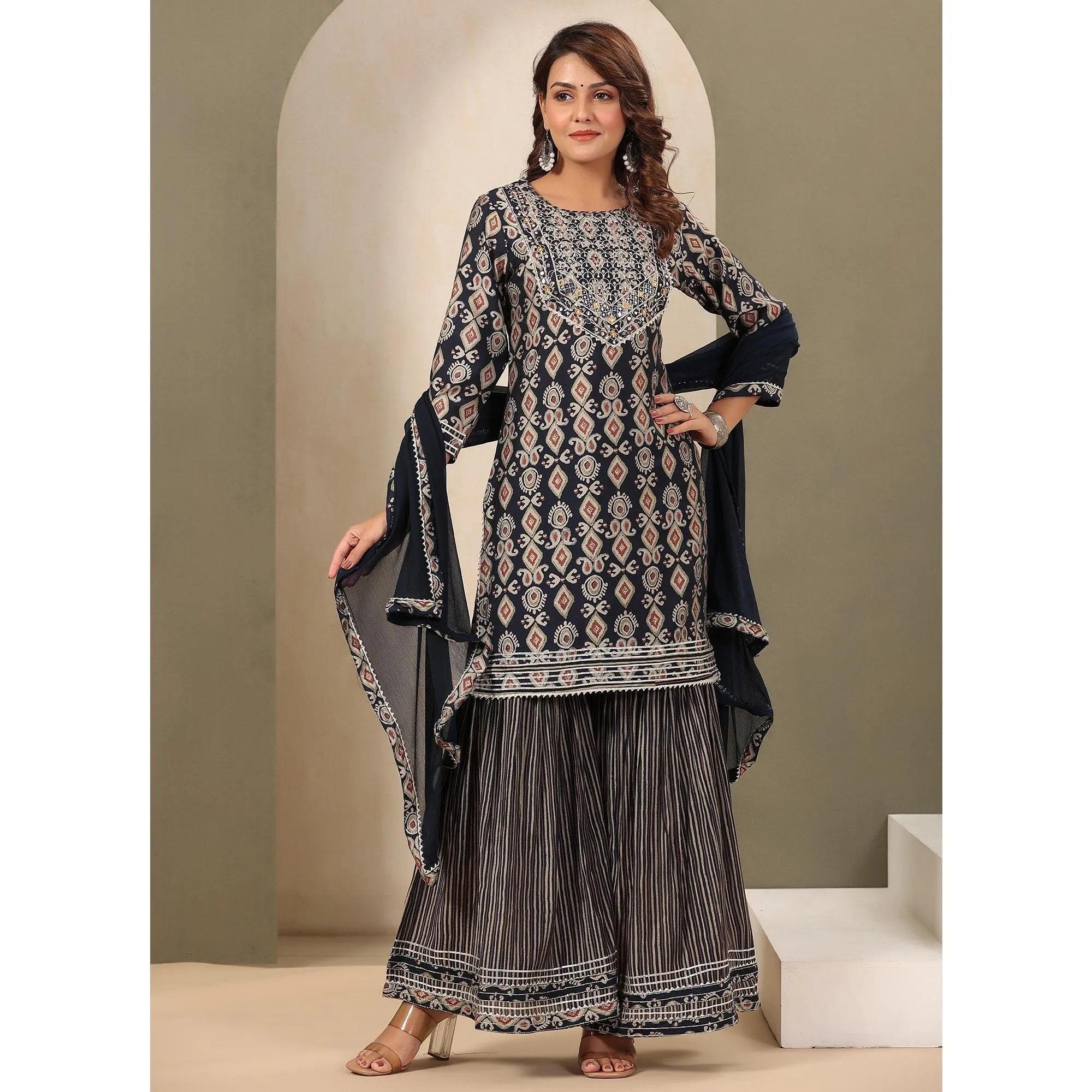 Blue Printed With Gota Work Muslin Sharara Suit