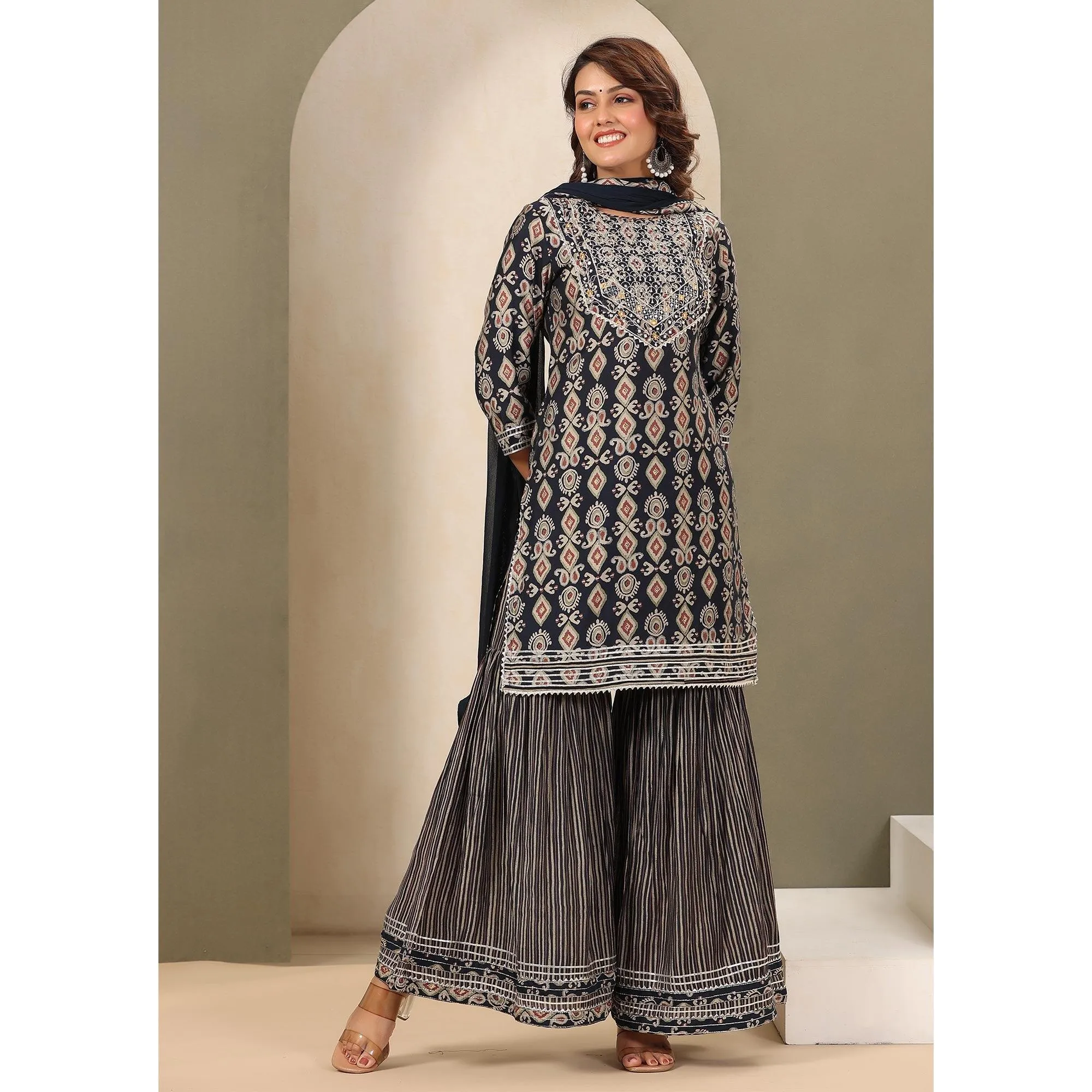 Blue Printed With Gota Work Muslin Sharara Suit