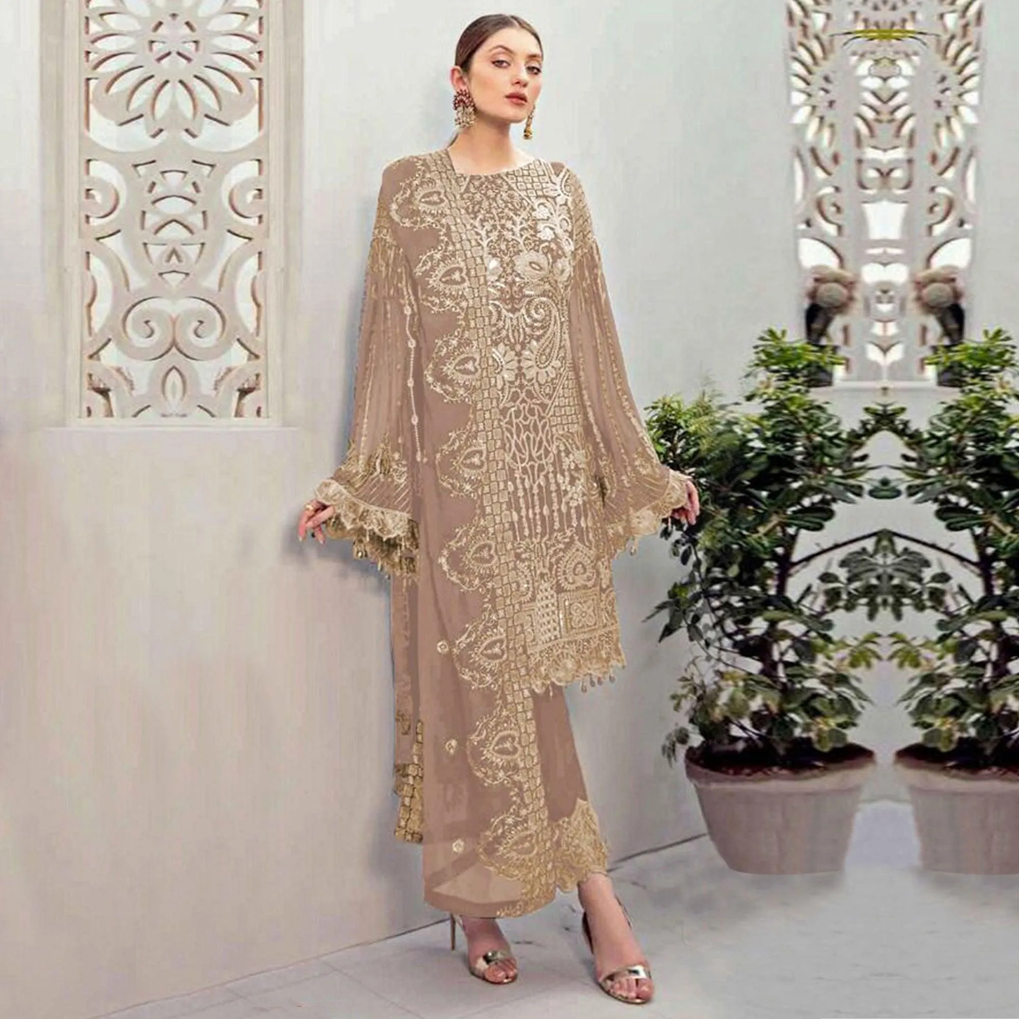 Brown Partywear Embroidered Georgette Pakistani Suit