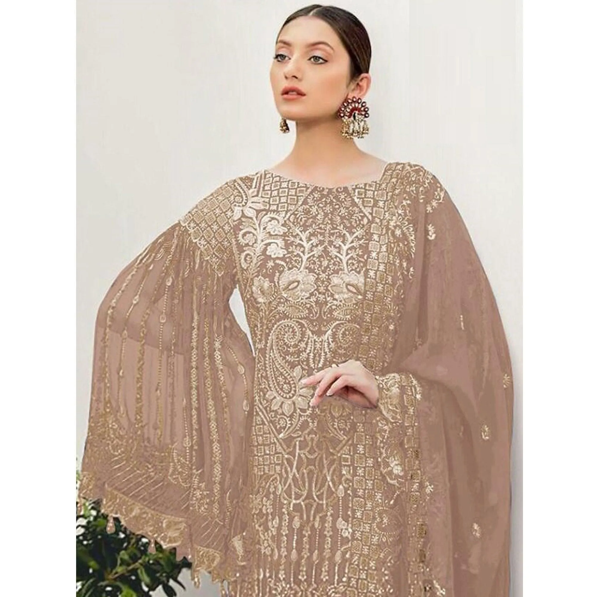 Brown Partywear Embroidered Georgette Pakistani Suit