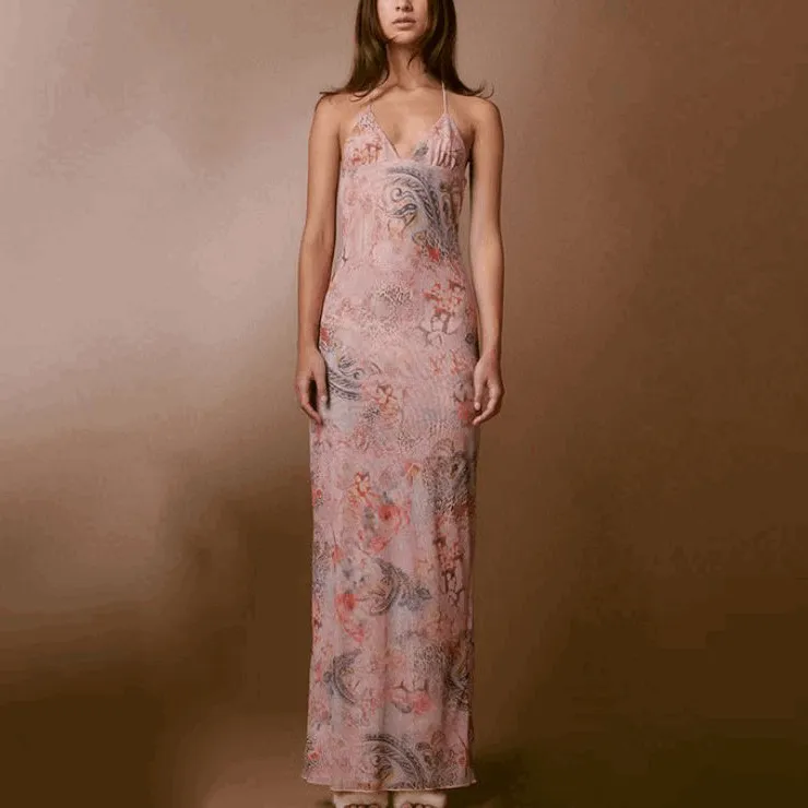 Butterfly Back Floral Halter Maxi Dress