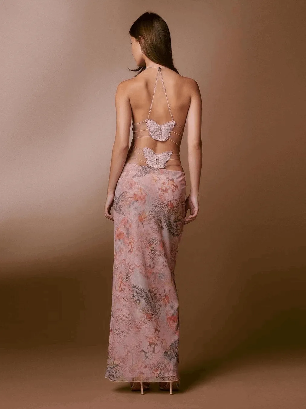 Butterfly Back Floral Halter Maxi Dress