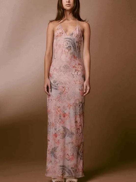 Butterfly Back Floral Halter Maxi Dress