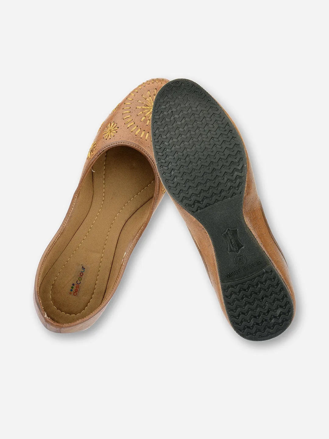 DESI COLOUR Women Brown Textured Leather Ethnic Ballerinas Flats