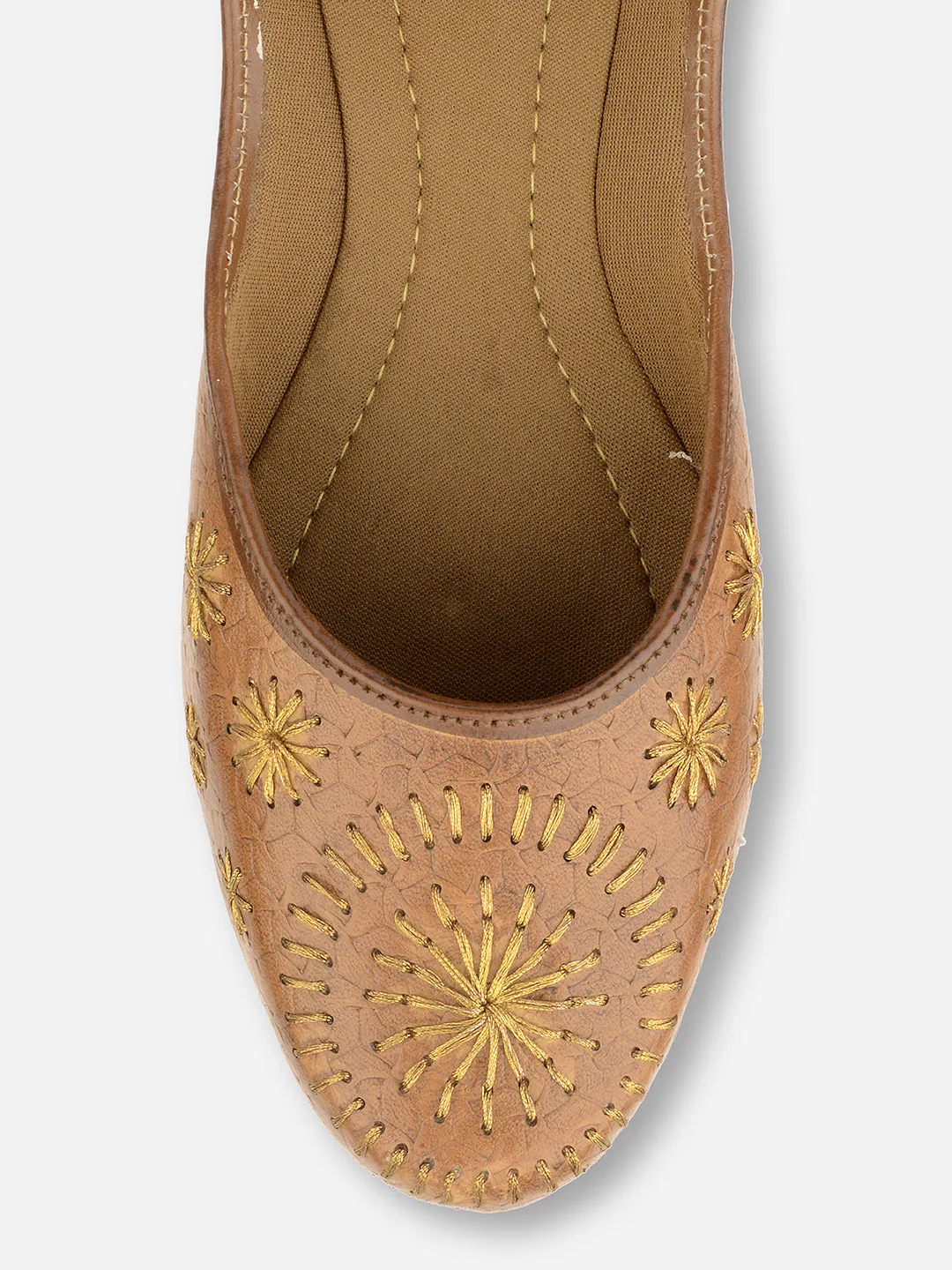 DESI COLOUR Women Brown Textured Leather Ethnic Ballerinas Flats