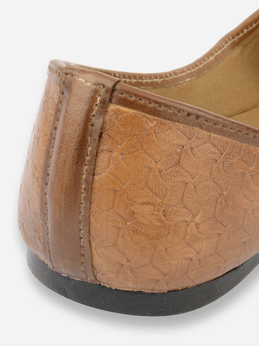 DESI COLOUR Women Brown Textured Leather Ethnic Ballerinas Flats