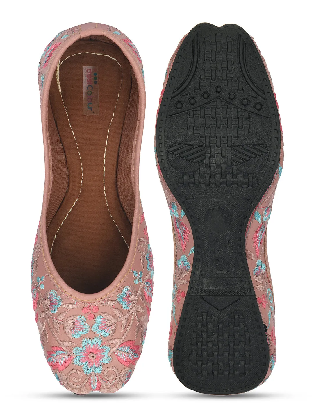 DESI COLOUR Women Peach-Coloured Leather Ethnic Mojaris with Embroidered Flats