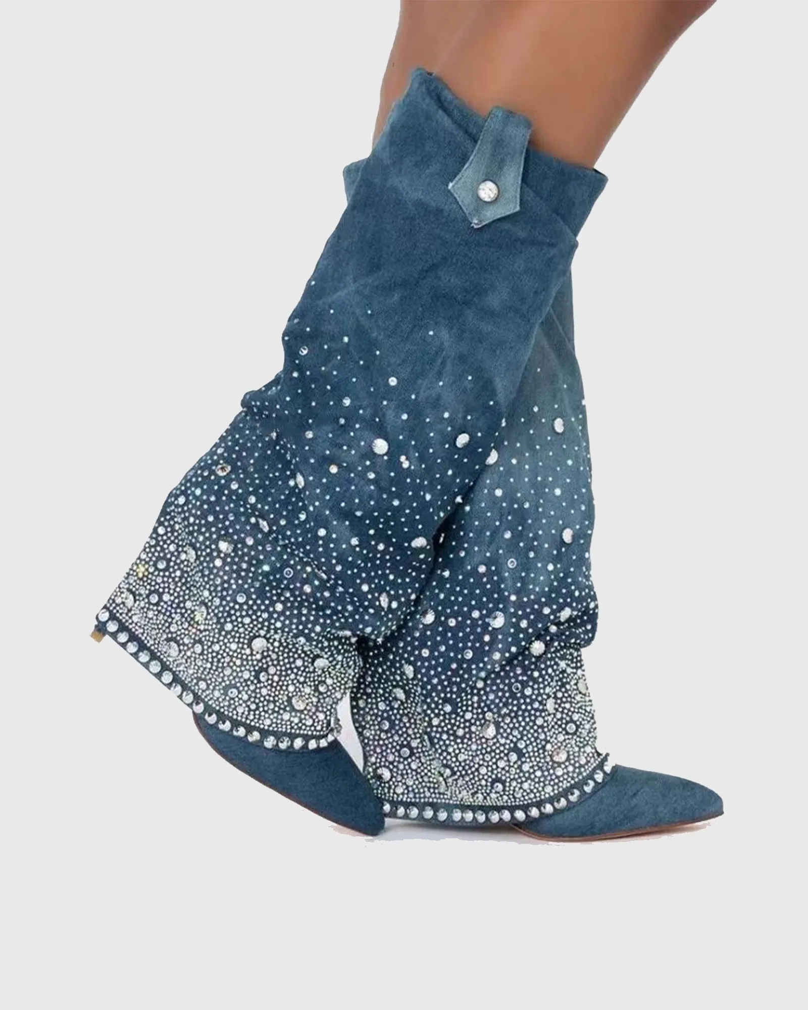 Flavia Rhinestone Denim Cowboy Knee High Boots