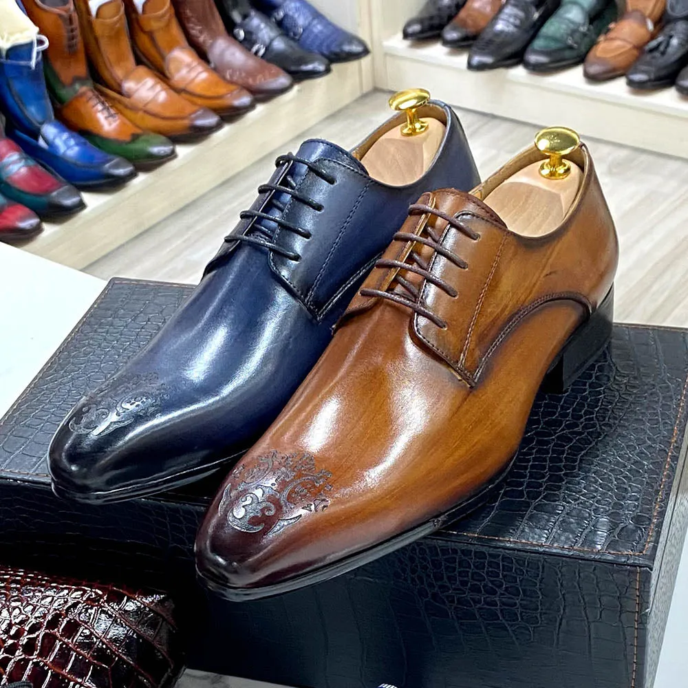 Geometric Carved Pointed Toe Leather Oxfords Shoes