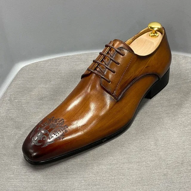 Geometric Carved Pointed Toe Leather Oxfords Shoes