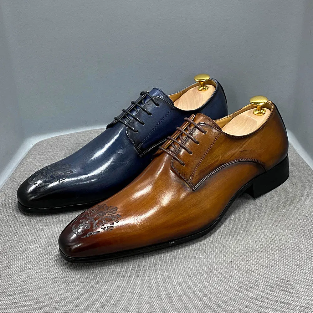 Geometric Carved Pointed Toe Leather Oxfords Shoes
