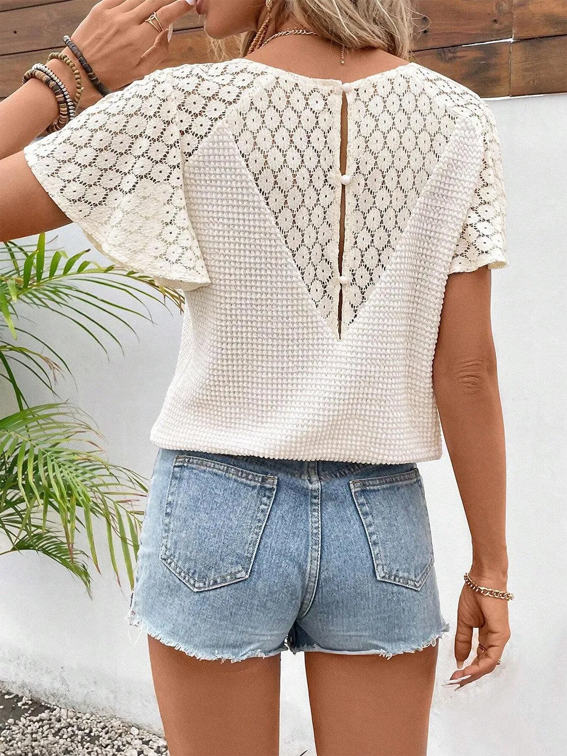 Graceful Aura V Neck Lace Flutter Sleeve Blouse