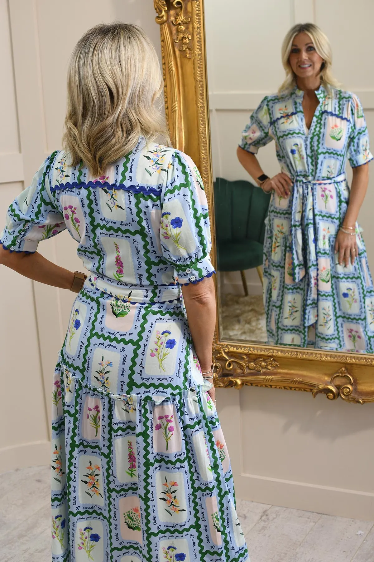 Hope & Ivy Stamp Print Button Front Midi Dress with Tiered Skirt and Tie Waist- Lilith