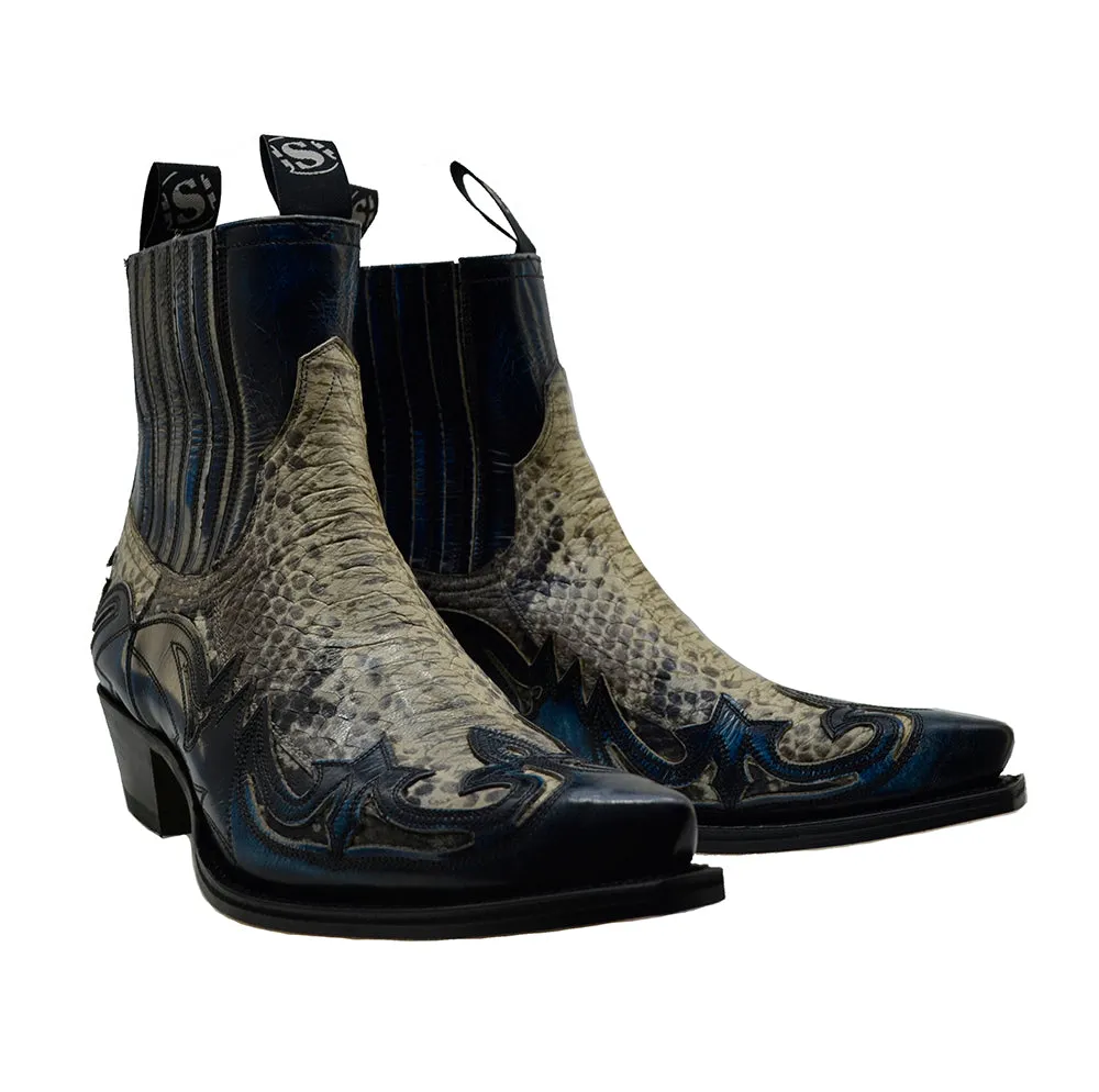 Men's Cowboy Boots Sendra 4660P Blue Leather Natural Print Python Cuban Heel