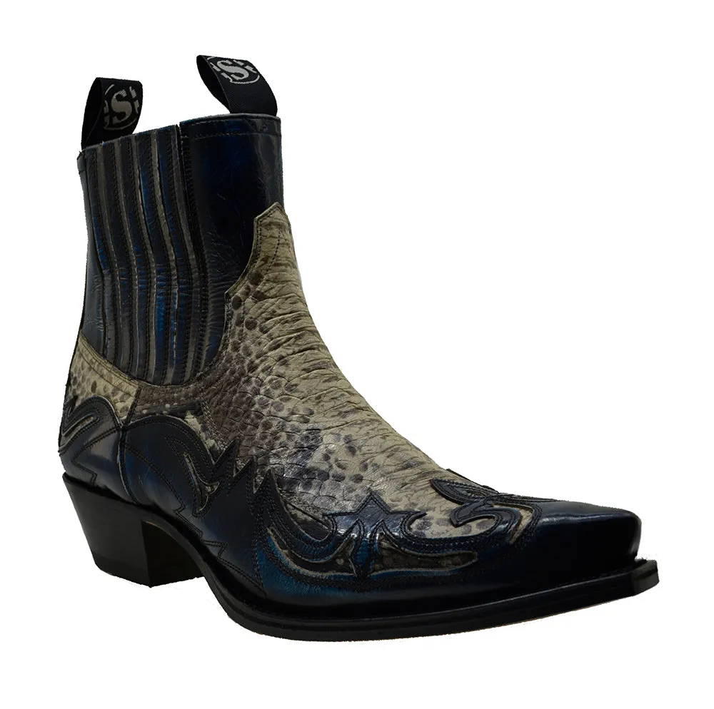 Men's Cowboy Boots Sendra 4660P Blue Leather Natural Print Python Cuban Heel