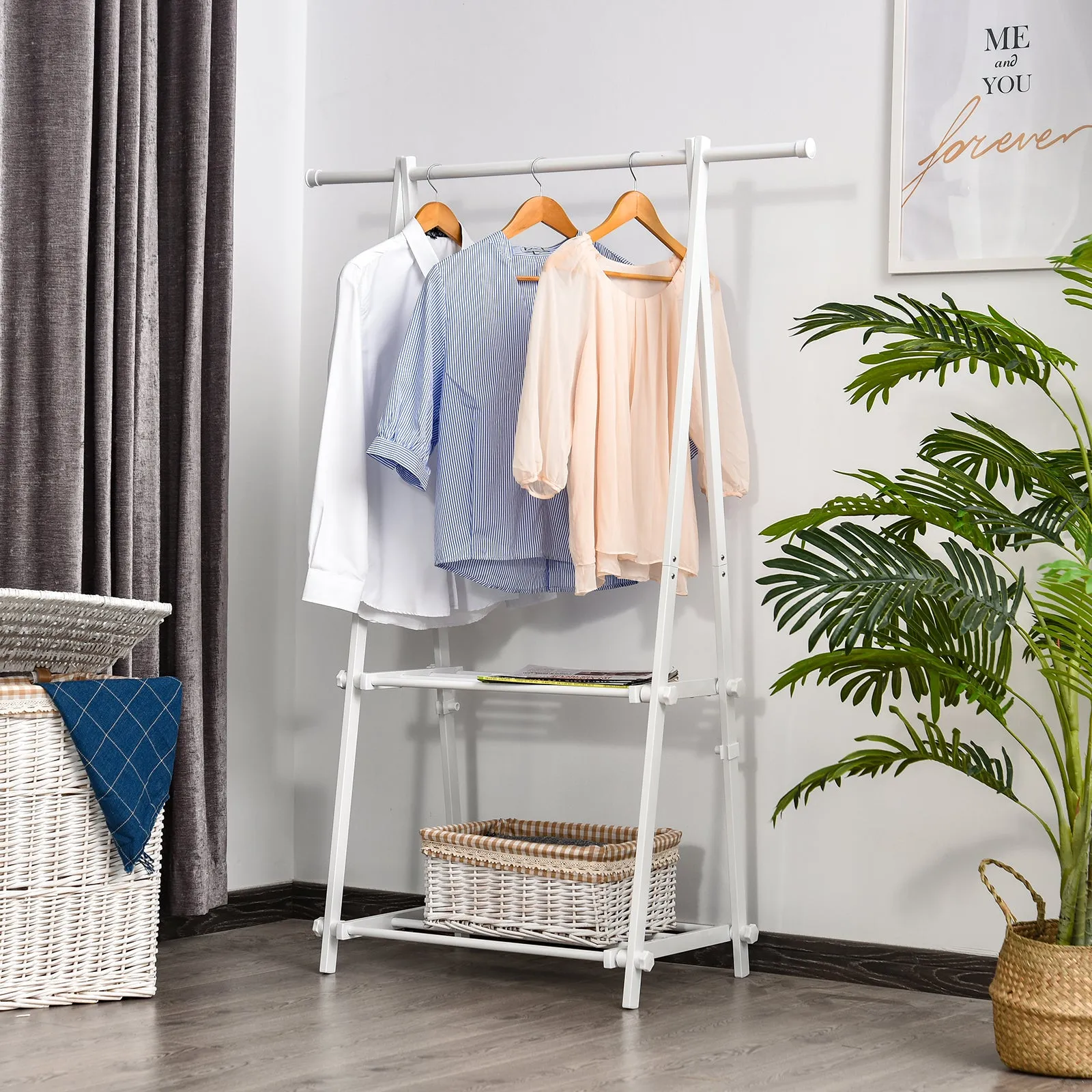 Minimalist Foldable Adjustable Clothes Rack Hanger w/ 2 shelves 107.5L x 45W x 150H cm Hallway Entryway Furniture - White
