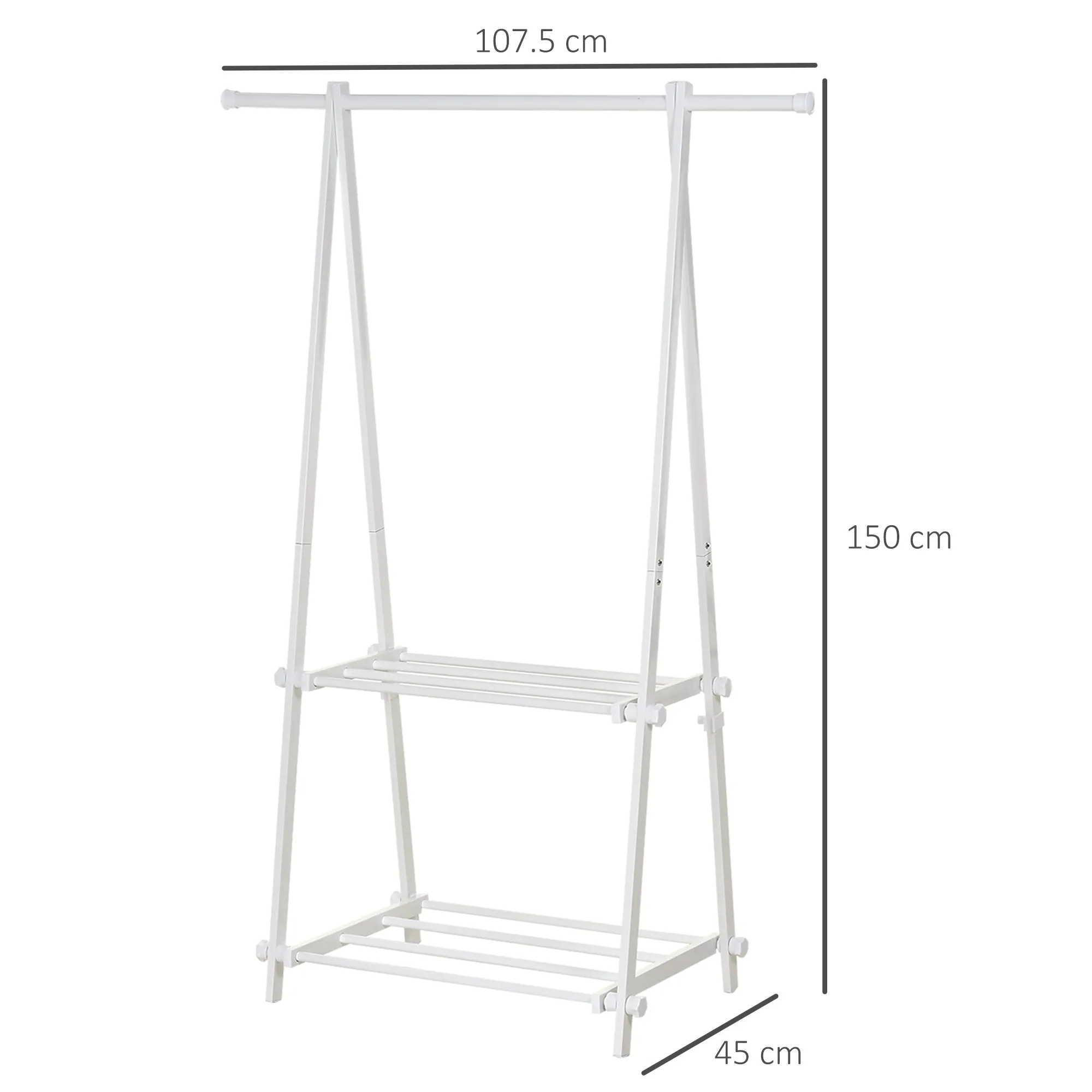 Minimalist Foldable Adjustable Clothes Rack Hanger w/ 2 shelves 107.5L x 45W x 150H cm Hallway Entryway Furniture - White
