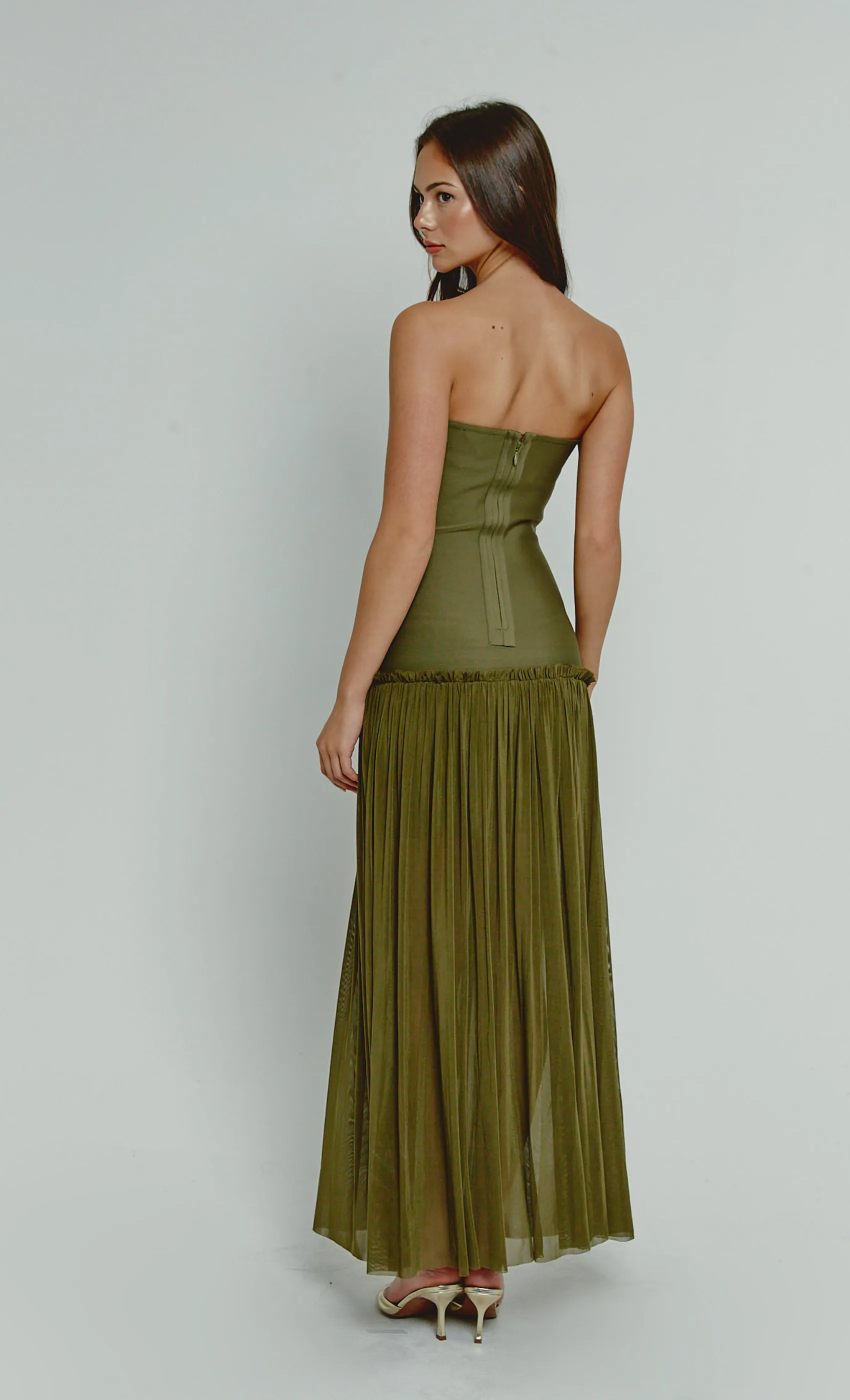 Olive Mesh Drop Waist Bandeau Maxi Dress