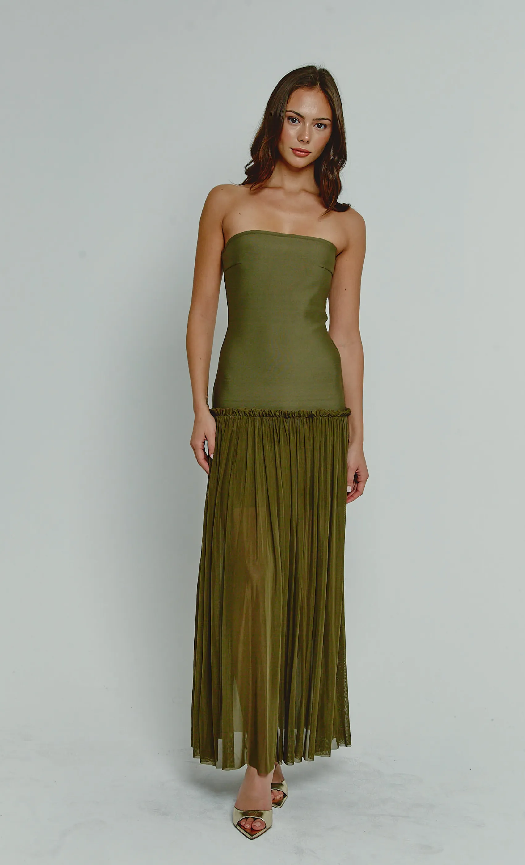 Olive Mesh Drop Waist Bandeau Maxi Dress