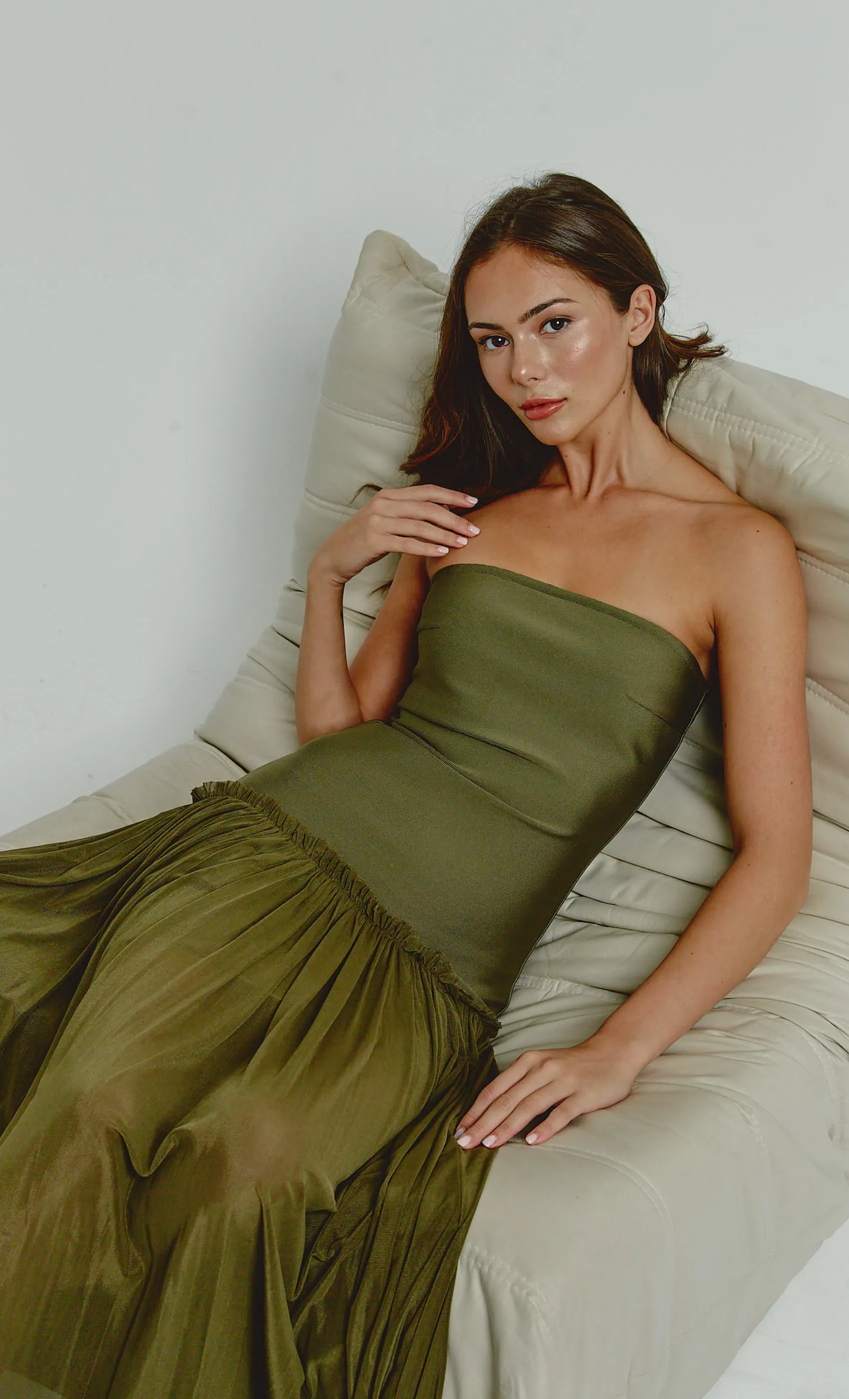 Olive Mesh Drop Waist Bandeau Maxi Dress