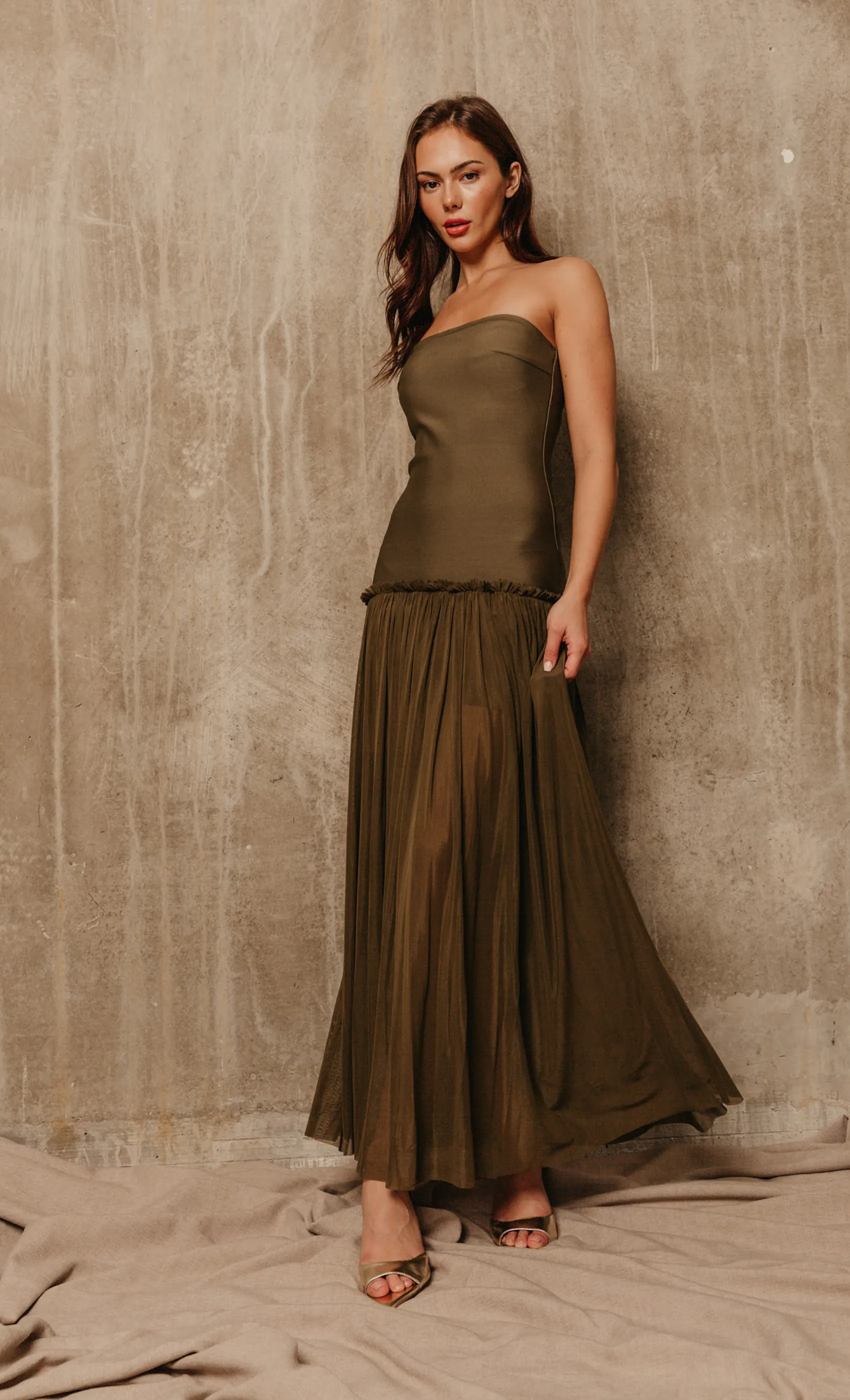 Olive Mesh Drop Waist Bandeau Maxi Dress