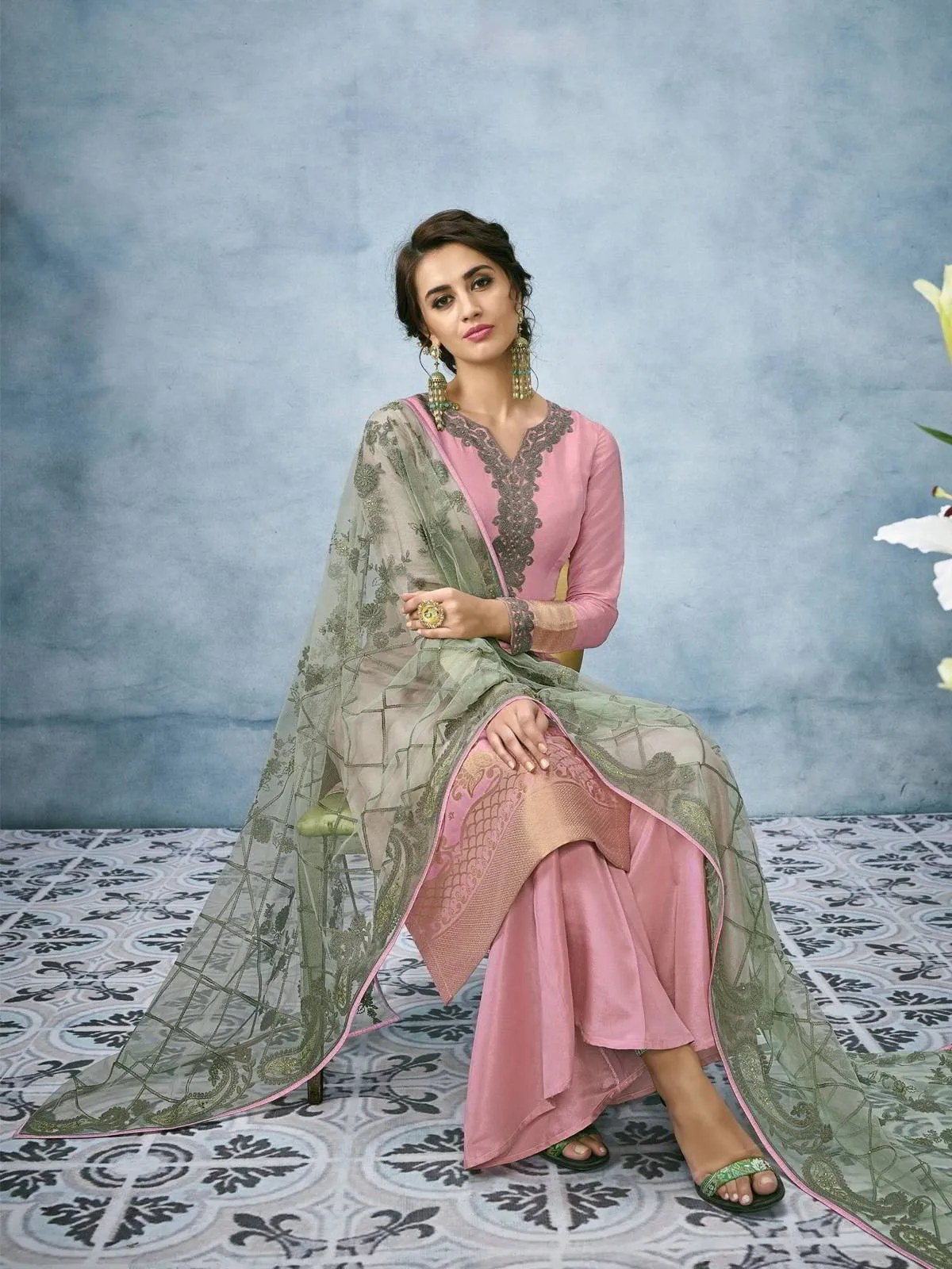 Pink And Green Lucknowi Embroidered Ethnic Palazzo Suit