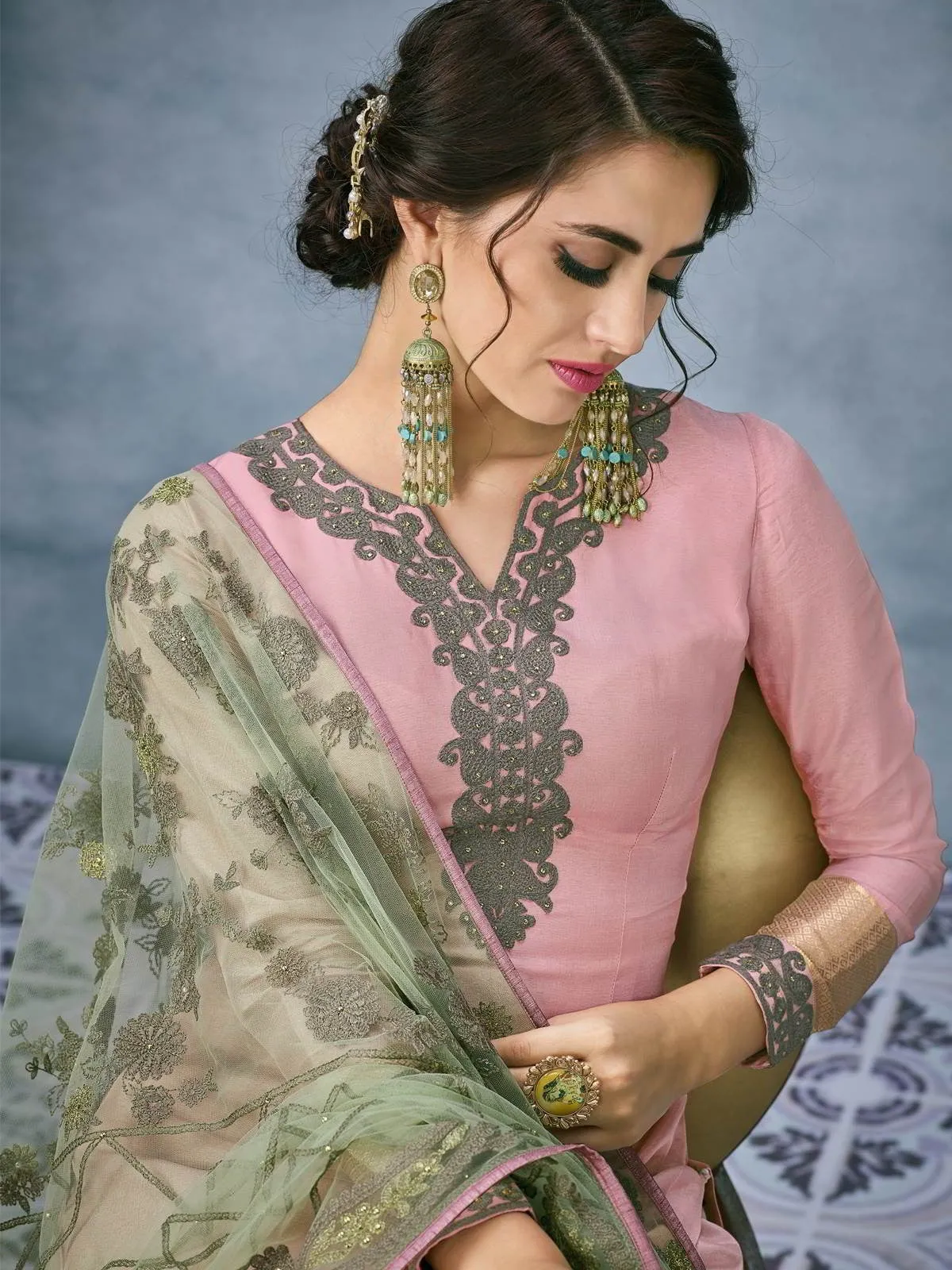 Pink And Green Lucknowi Embroidered Ethnic Palazzo Suit
