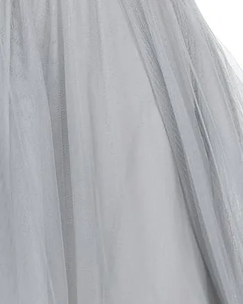 Sleeveless Sequin Ribbon Waist Tulle High Low Evening Dress | Silver