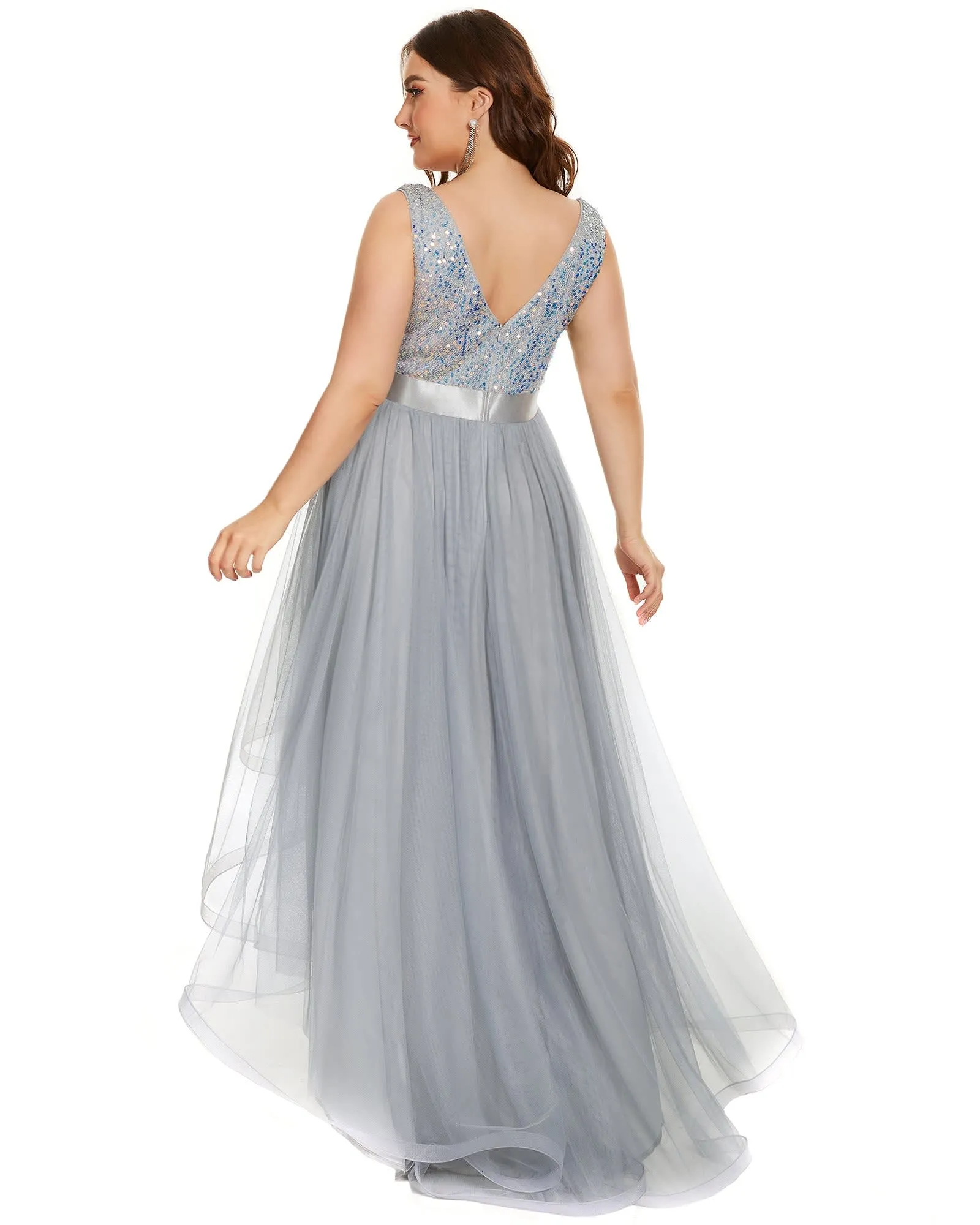 Sleeveless Sequin Ribbon Waist Tulle High Low Evening Dress | Silver