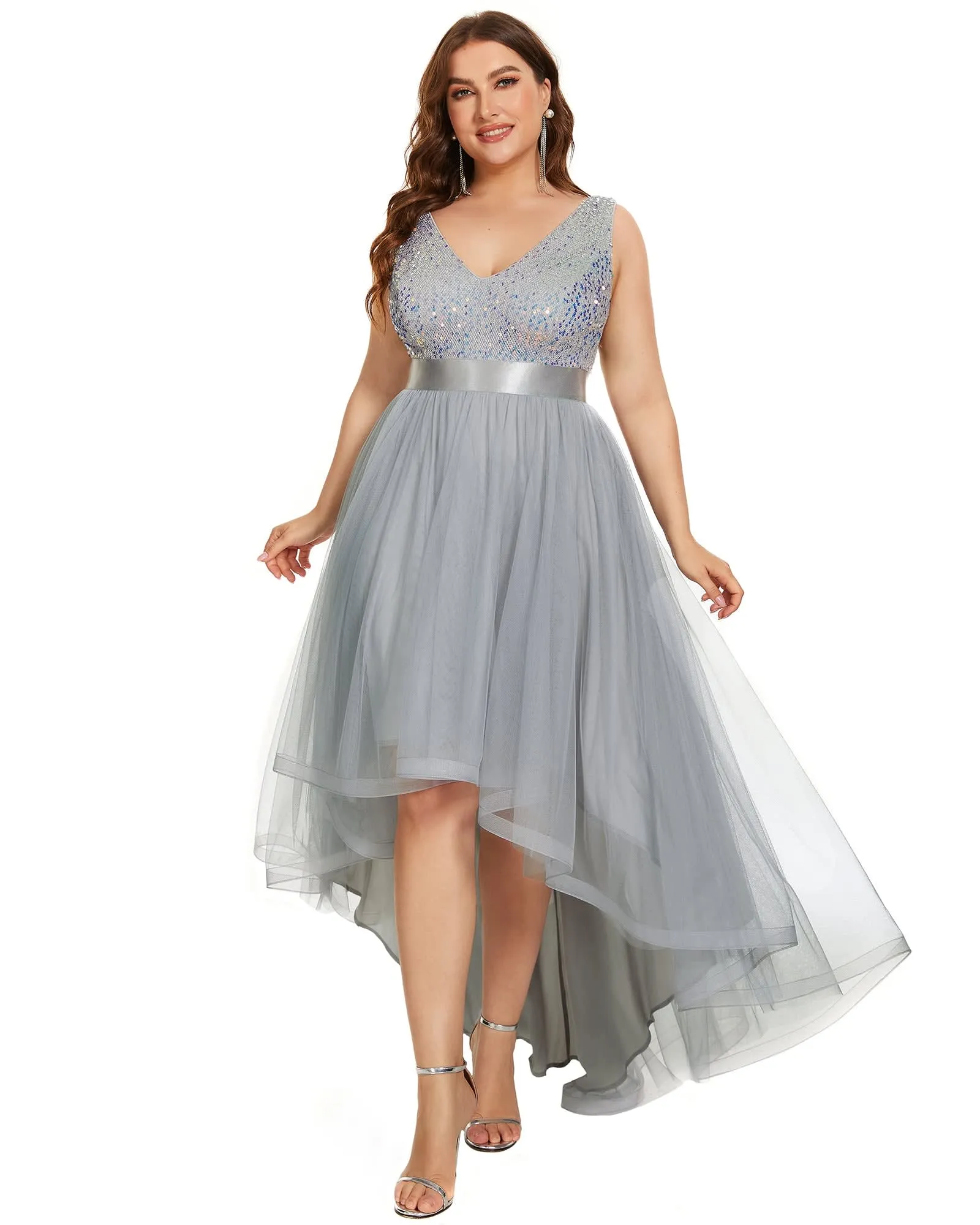 Sleeveless Sequin Ribbon Waist Tulle High Low Evening Dress | Silver