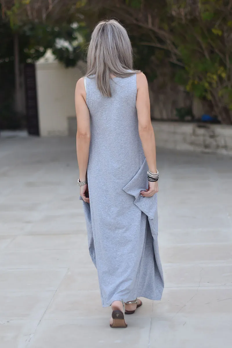 Star Sleeveless Round Neck Cotton Maxi Dress - Light Grey