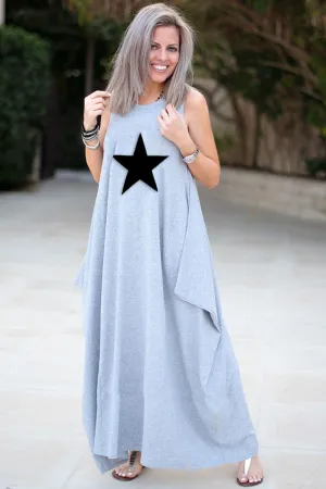 Star Sleeveless Round Neck Cotton Maxi Dress - Light Grey