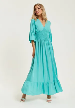 Women's Maxi Dress in Striking Green with Frill Short Sleeves and V-Neck Design - Liquorish