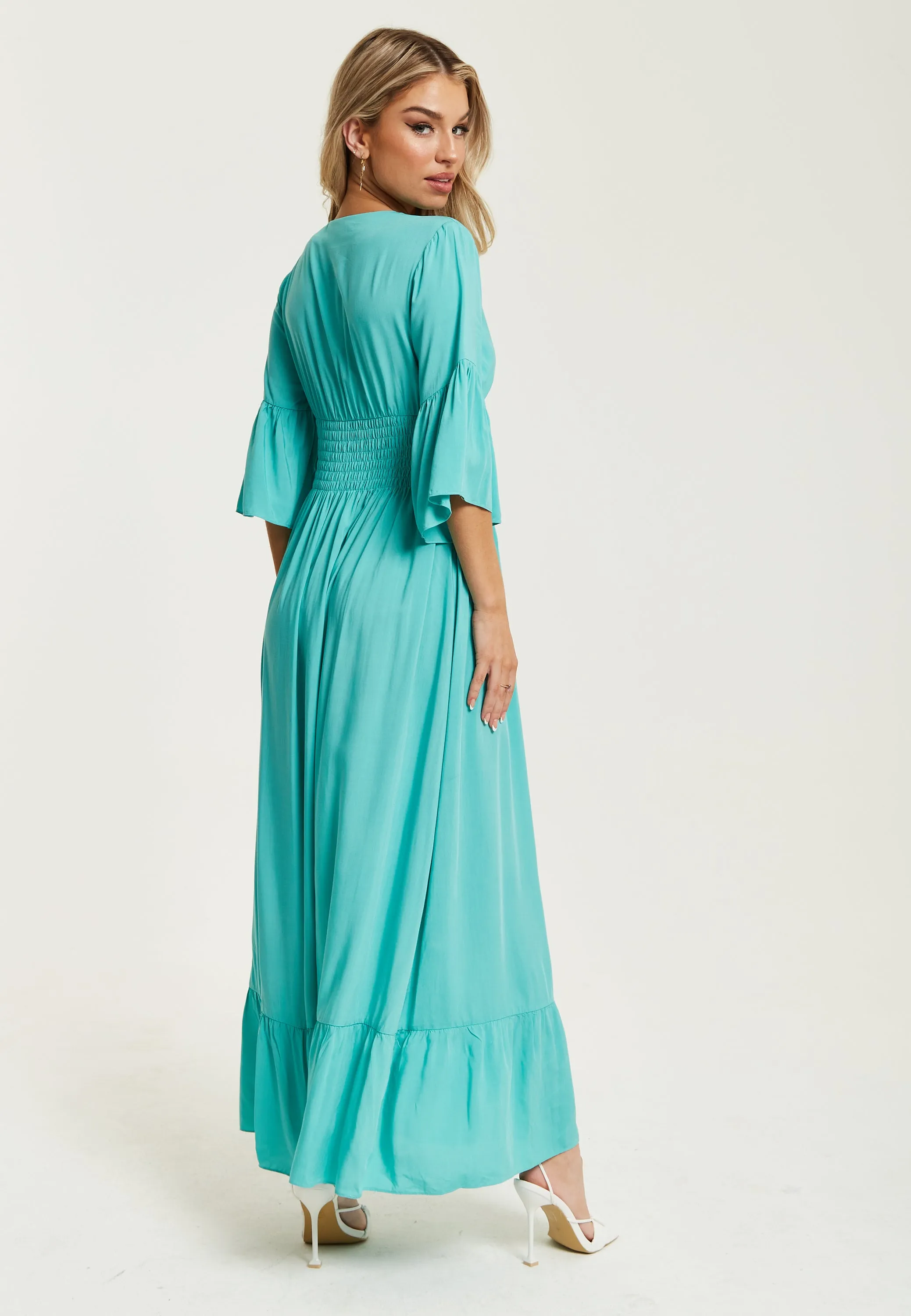 Women's Maxi Dress in Striking Green with Frill Short Sleeves and V-Neck Design - Liquorish