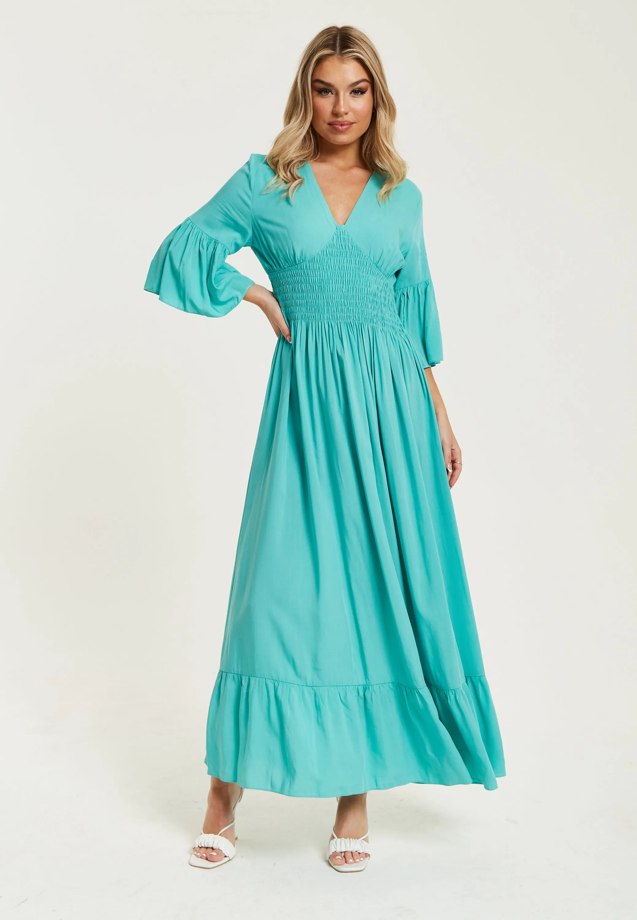 Women's Maxi Dress in Striking Green with Frill Short Sleeves and V-Neck Design - Liquorish