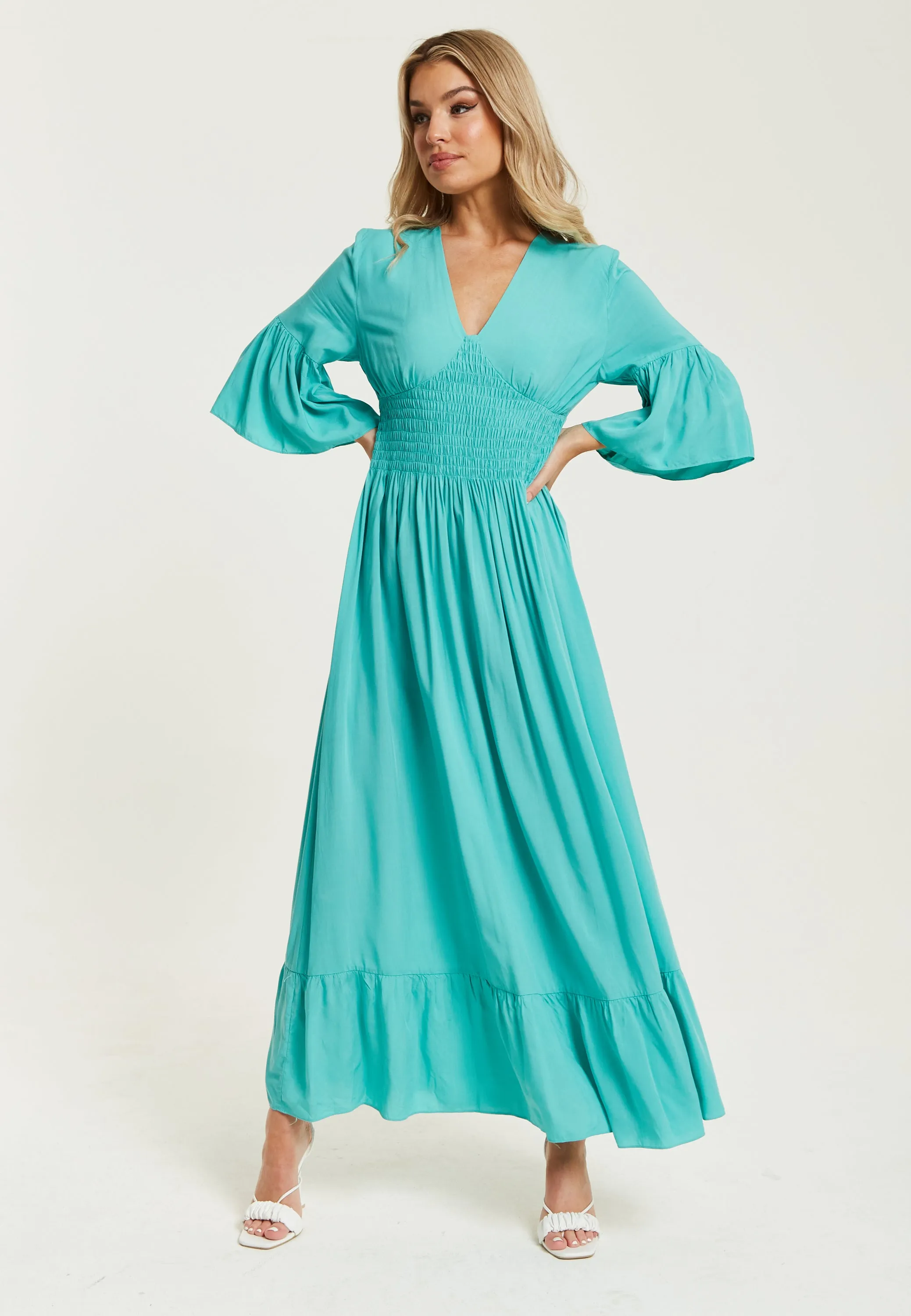 Women's Maxi Dress in Striking Green with Frill Short Sleeves and V-Neck Design - Liquorish