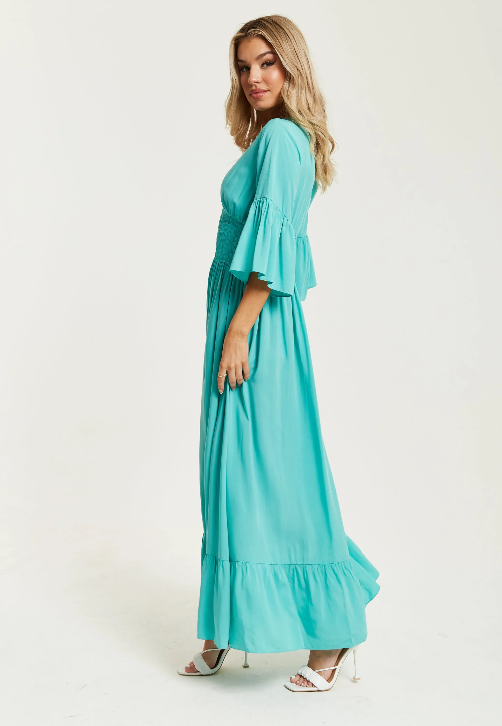 Women's Maxi Dress in Striking Green with Frill Short Sleeves and V-Neck Design - Liquorish